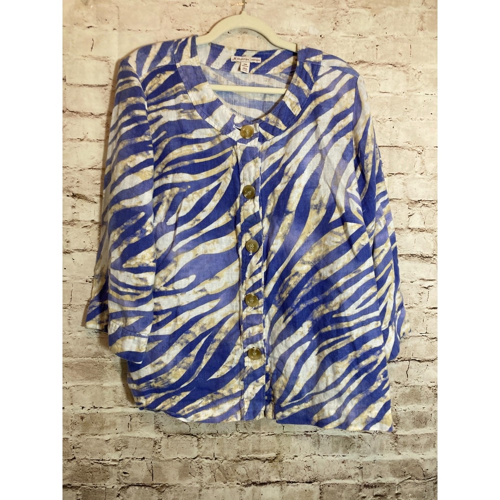 JM Collection‎ Linen Top Womens 20W Blue Zebra Striped Button Front Plus